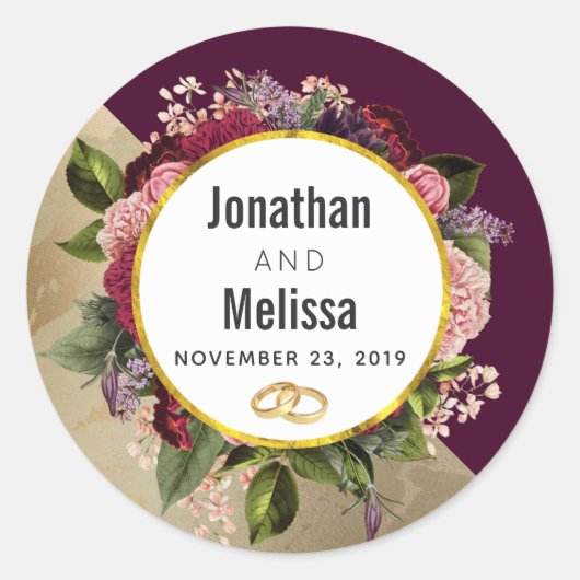 Gold Marble Pattern en Burgundy Florals Wedding Ronde Sticker (Voorkant)