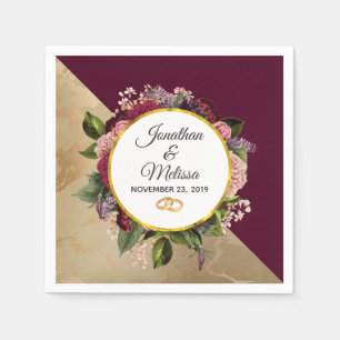 Gold Marble Pattern en Burgundy Florals Wedding Servet