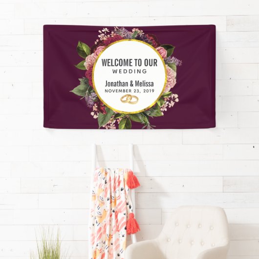 Gold Marble Pattern en Burgundy Florals Wedding Spandoek (Insitu)