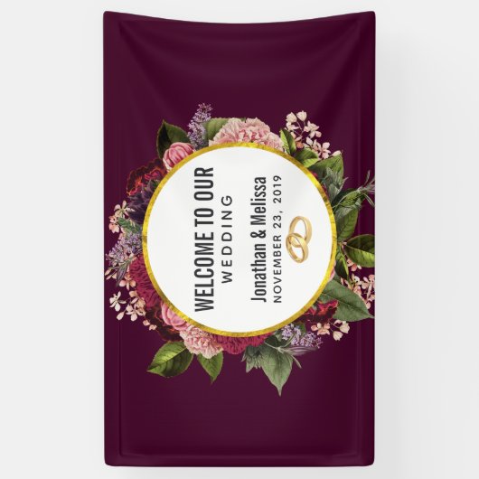 Gold Marble Pattern en Burgundy Florals Wedding Spandoek (Verticaal)