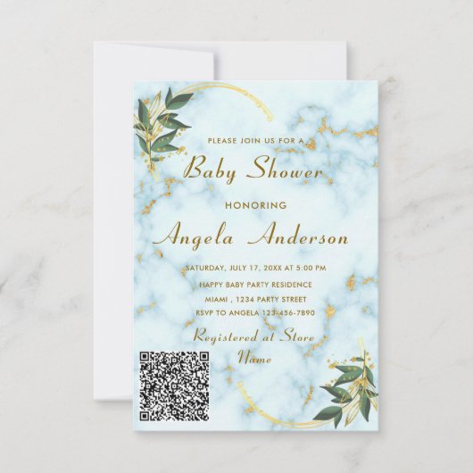 Gold Marble QR Code Baby shower Invitation voorbee Kaart (Voorkant)