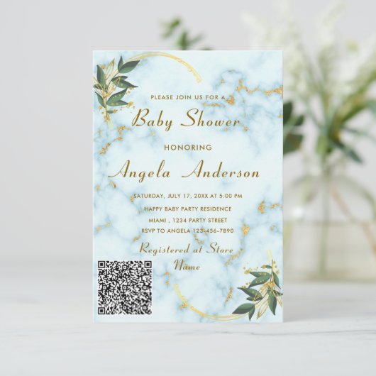 Gold Marble QR Code Baby shower Invitation voorbee Kaart (Staand voorkant)