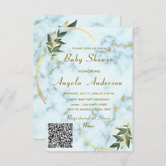 Gold Marble QR Code Baby shower Invitation voorbee Kaart (Voorkant / Achterkant)