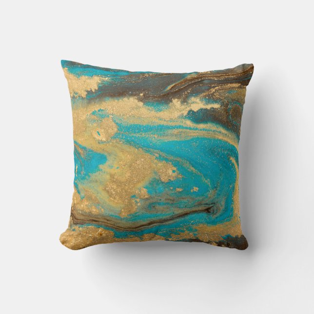 Gold marbling texture design. Blue and golden marb Kussen (Voorkant)