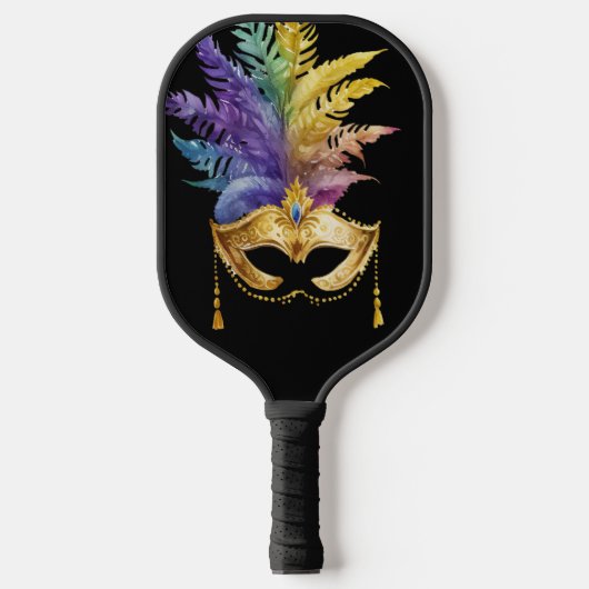 GOLD MARDI GRAS MASKER MET KLEURSTOF PICKLEBALL PADDLE (Voorkant)