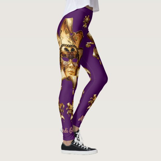 Gold Mardi Gras maskers op plum Leggings (Rechts)