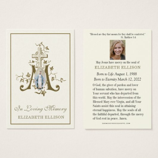 Gold Marian Cross Virgin Mary Funeral Prayer Kaart (Voorkant /achterkant)