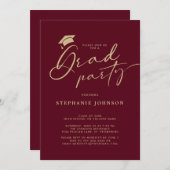 Gold Maroon Afstudeerder Pet Calligrafie GraduPart Kaart (Voorkant / Achterkant)