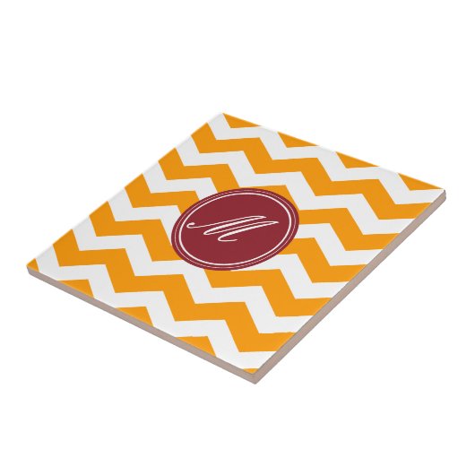 Gold & Maroon Chevron met Monogram Tile Tegeltje (Zijkant)