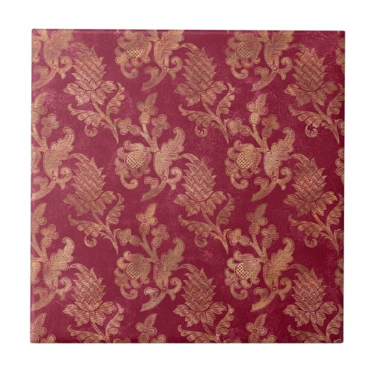  Gold Maroon Floral Damask Tegeltje (Voorkant)