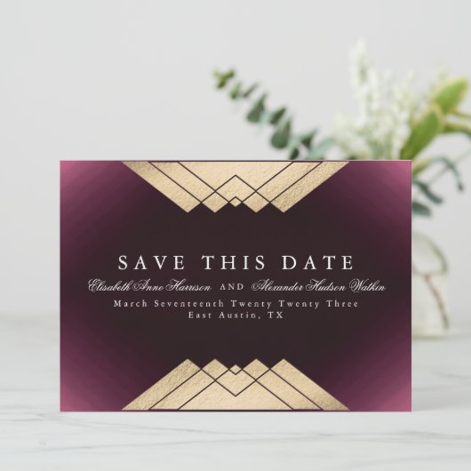 Gold Maroon Geometric Gatsby Folie sparen de datum Aankondiging (Staand voorkant)
