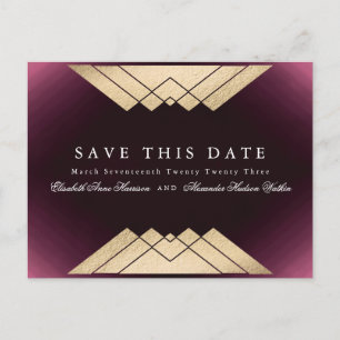 Gold Maroon Geometric Gatsby Folie sparen de datum Aankondigingskaart