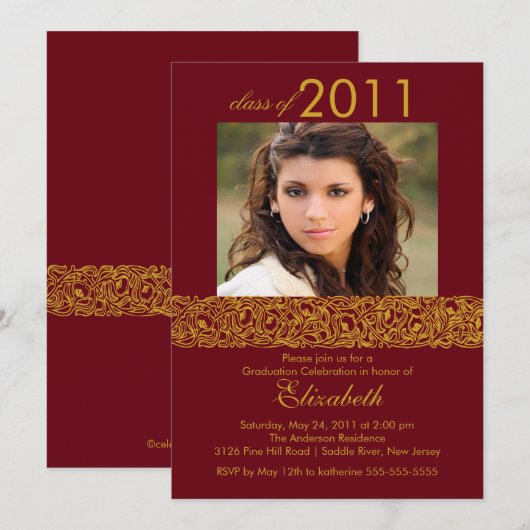 Gold & Maroon Red Photo Afstuderen Uitnodiging (Voorkant / Achterkant)
