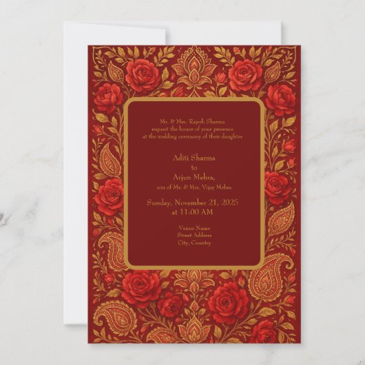 gold Maroon Rose mango Paisley Hindu Wedding  Kaart (Voorkant)