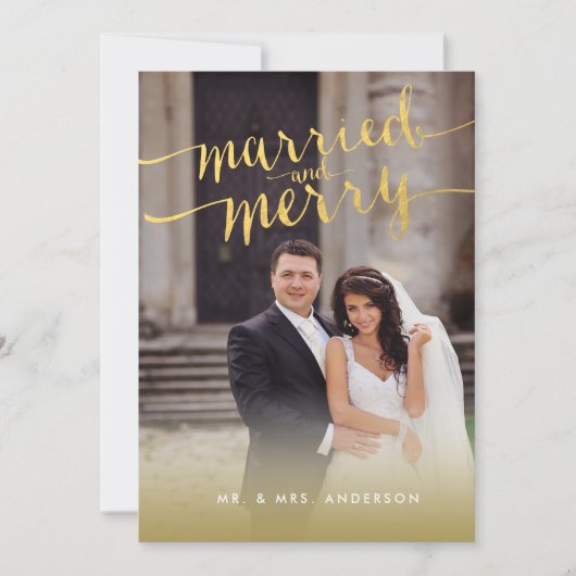 Gold Married and Merry Script 2 Photo Holiday Kaar Feestdagenkaart (Voorkant)