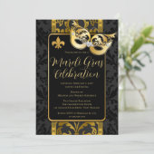 Gold Mask  Black Damask Mardi Gras Party Kaart (Staand voorkant)