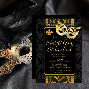 Gold Mask Black Damask Mardi Gras Party Kaart