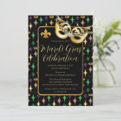 Gold Mask Fleur de Lis Mardi Gras Party Kaart (Staand voorkant)