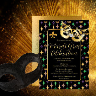 Gold Mask Fleur de Lis Mardi Gras Party Kaart