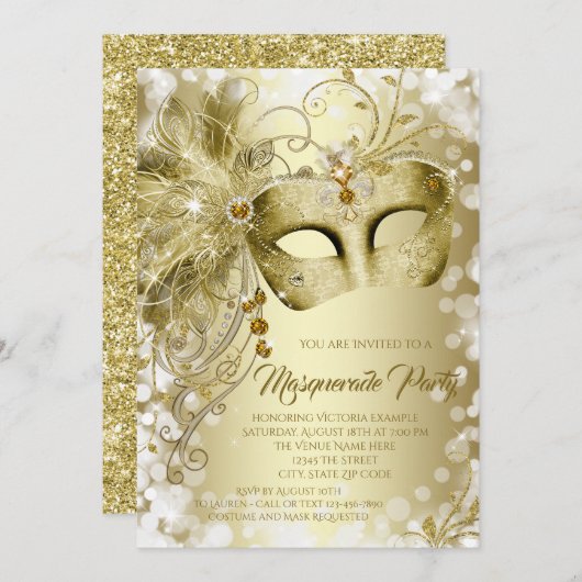 Gold Mask Masquerade Party Kaart (Voorkant / Achterkant)