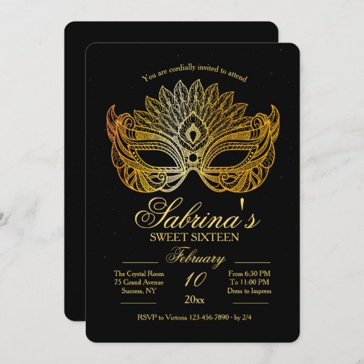 Gold Mask Masquerade Sweet Sixteen Uitnodiging (Voorkant / Achterkant)