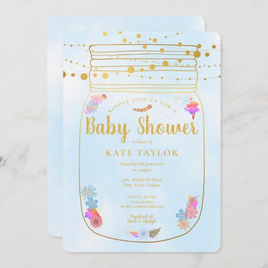 Gold Mason Jar String Lights Baby shower Kaart (Voorkant / Achterkant)