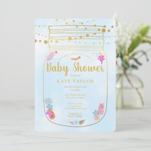 Gold Mason Jar String Lights Baby shower Kaart (Staand voorkant)