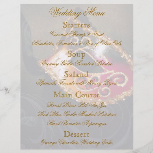 Gold Masquerade Ball Wedding Menu Flyer (Voorkant)