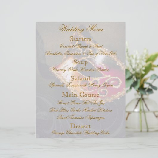 Gold Masquerade Ball Wedding Menu Flyer (Staand voorkant)