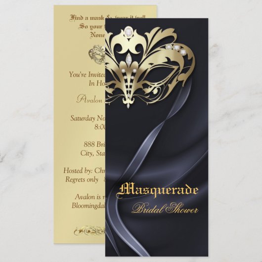 Gold Masquerade Black Bridal Shower-uitnodiging Kaart (Voorkant / Achterkant)