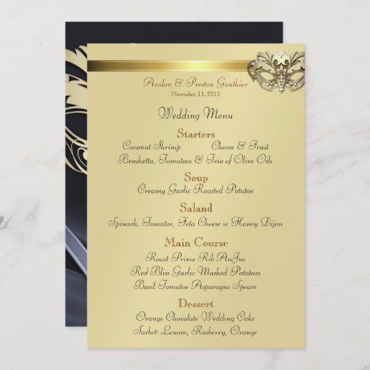 Gold Masquerade Black Jewel Wedding Menu (Voorkant / Achterkant)
