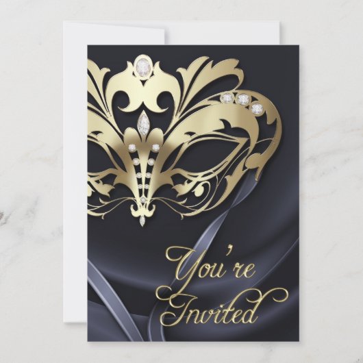 Gold Masquerade Black Jeweled Party Invitation Kaart (Voorkant)