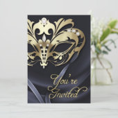 Gold Masquerade Black Jeweled Party Invitation Kaart (Staand voorkant)