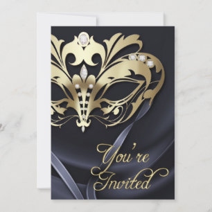 Gold Masquerade Black Jeweled Party Invitation Kaart