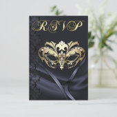Gold Masquerade Black Jeweled RSVP Uitnodiging (Staand voorkant)