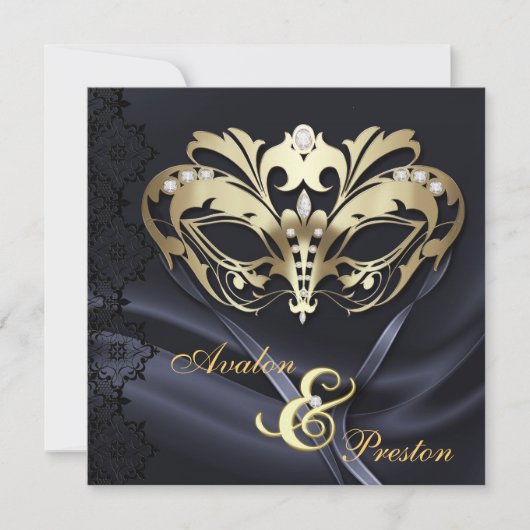 Gold Masquerade Black Jeweled Wedding Kaart (Voorkant)