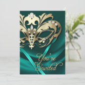 Gold Masquerade Blauwgroen uitnodiging voor juwele (Staand voorkant)