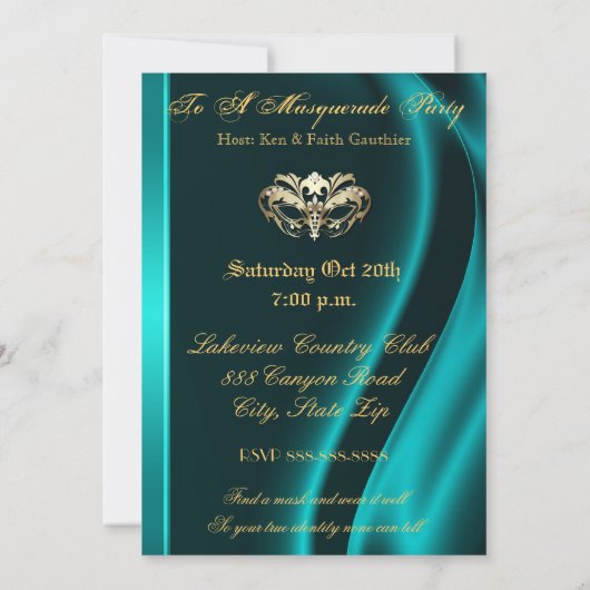 Gold Masquerade Blauwgroen uitnodiging voor juwele (Achterkant)