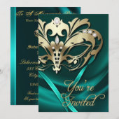 Gold Masquerade Blauwgroen uitnodiging voor juwele (Voorkant / Achterkant)