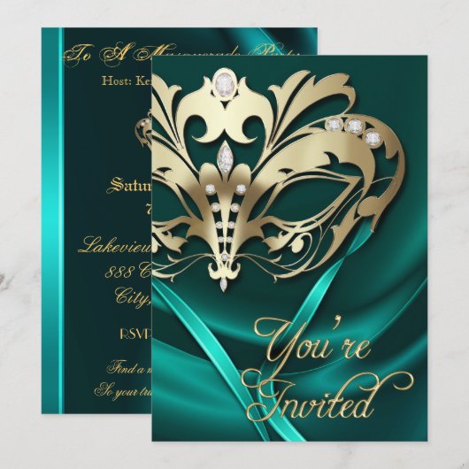 Gold Masquerade Blauwgroen uitnodiging voor juwele (Voorkant / Achterkant)