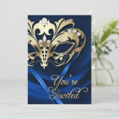 Gold Masquerade Blue Jeweled Party - Uitnodiging (Staand voorkant)