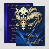 Gold Masquerade Blue Jeweled Party - Uitnodiging (Voorkant / Achterkant)