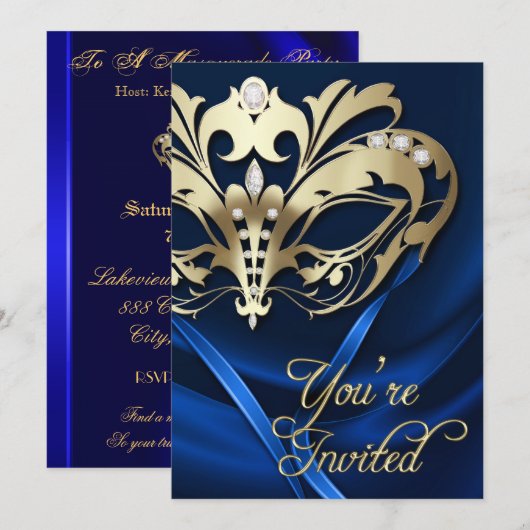 Gold Masquerade Blue Jeweled Party - Uitnodiging (Voorkant / Achterkant)