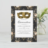  Gold Masquerade Floral Damask Quinceañera Kaart (Staand voorkant)