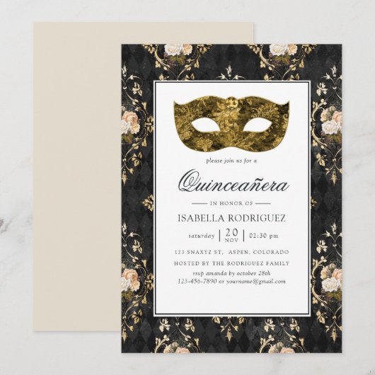  Gold Masquerade Floral Damask Quinceañera Kaart (Voorkant / Achterkant)