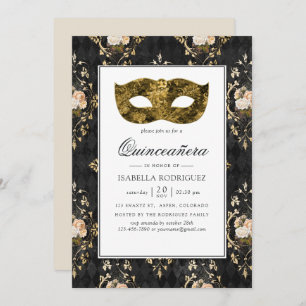  Gold Masquerade Floral Damask Quinceañera Kaart