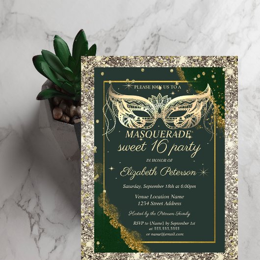 Gold Masquerade Glitter Green Sweet 16  Kaart