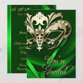 Gold Masquerade Green Jeweled Party Uitnodiging (Voorkant / Achterkant)