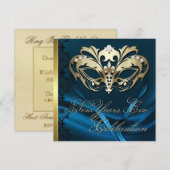 Gold Masquerade Mask Blue New Years Uitnodiging (Voorkant / Achterkant)
