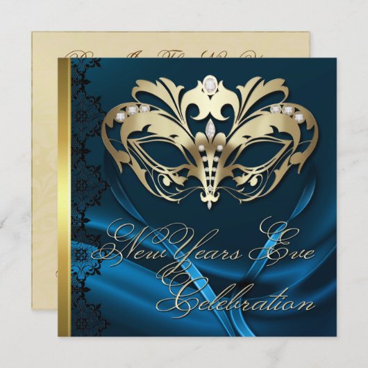 Gold Masquerade Mask Blue New Years Uitnodiging (Voorkant / Achterkant)
